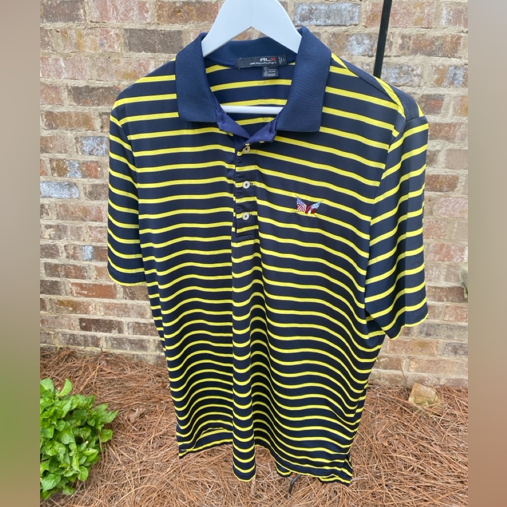 RLX Ralph Lauren Blue Yellow Striped Polo Shirt Flag Logo size Large Gameday